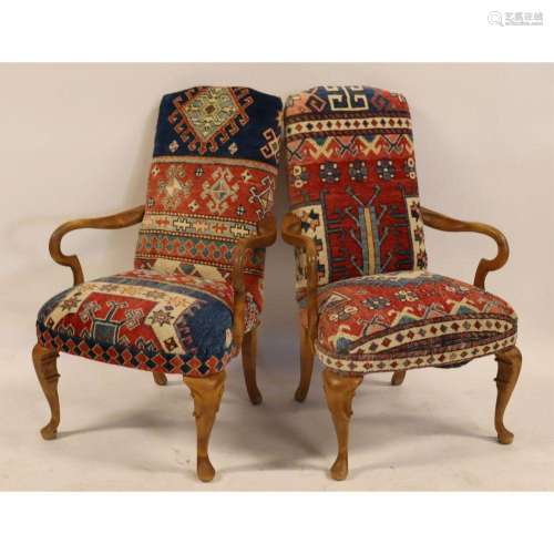 A Vintage Pair Of Queen Anne Style Chairs W Kilim.