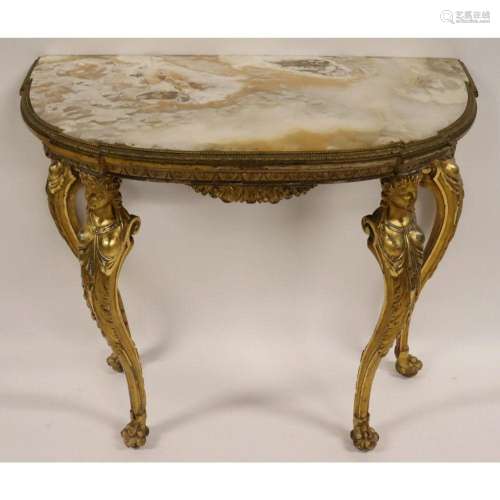 Antique Carved Giltwood Onyx Top Demilune.