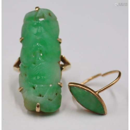 JEWELRY. (2) Gold Mounted Jade Rings.