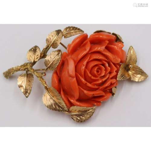JEWELRY. 14kt Gold and Carved Salmon Coral Floral