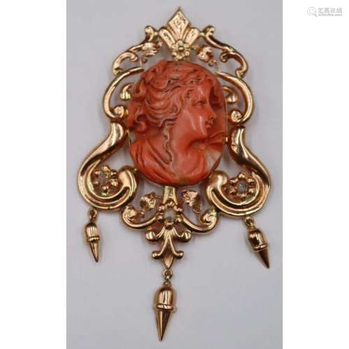 JEWELRY. 14kt Gold and Carved Coral Cameo Pendant.