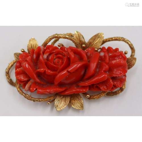 JEWELRY. 14kt Gold and Carved Red Coral Brooch.