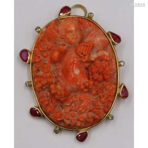 JEWELRY. 18kt Gold Carved Coral Ruby and Diamond