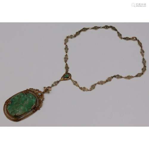 JEWELRY. 14kt Gold, Jade and Pearl Necklace.