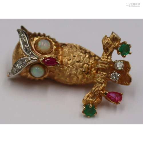 JEWELRY. Signed 14kt Gold, Diamond, and Gem Owl