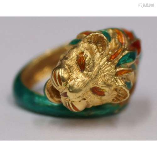 JEWELRY. 18kt Gold and Enamel Lion Bypass Ring.