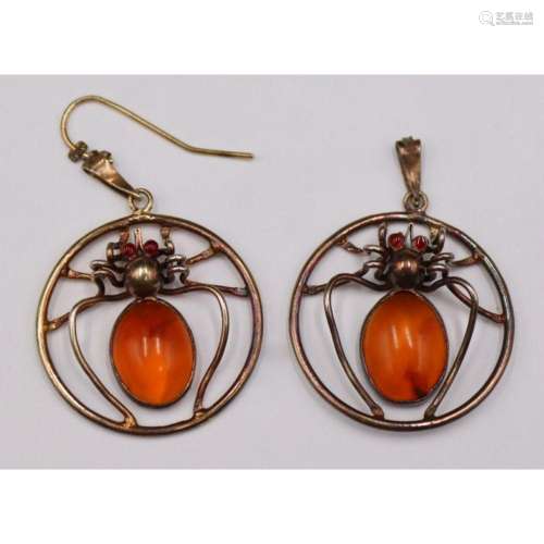 JEWELRY. Gilt Silver and Amber Spider Earrings.