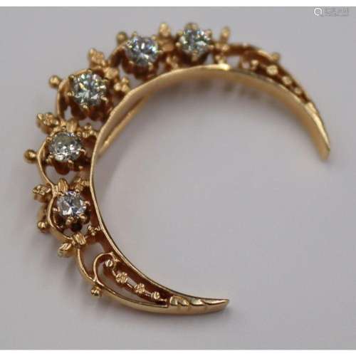 JEWELRY. 14kt Gold and Diamond Moon Brooch.