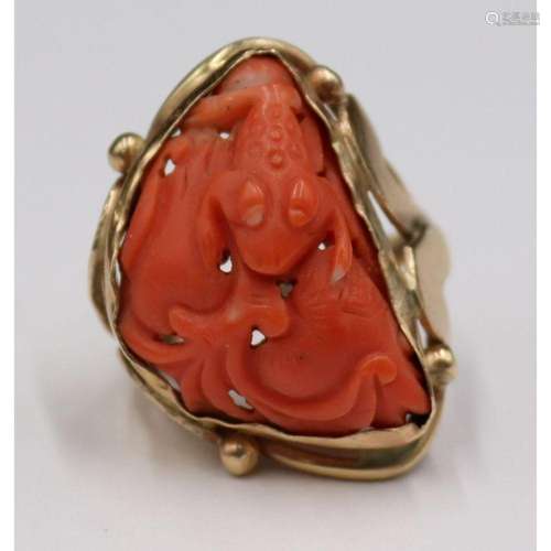 JEWELRY. 14kt Gold and Carved Coral Ring.