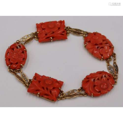 JEWELRY. 14kt Gold and Carved Coral Bracelet.