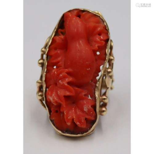 JEWELRY. 14kt Gold and Carved Coral Ring.