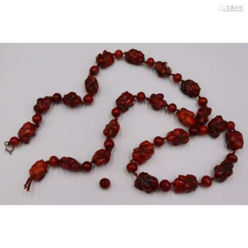 Chinese Carved Amber Beaded Necklace.