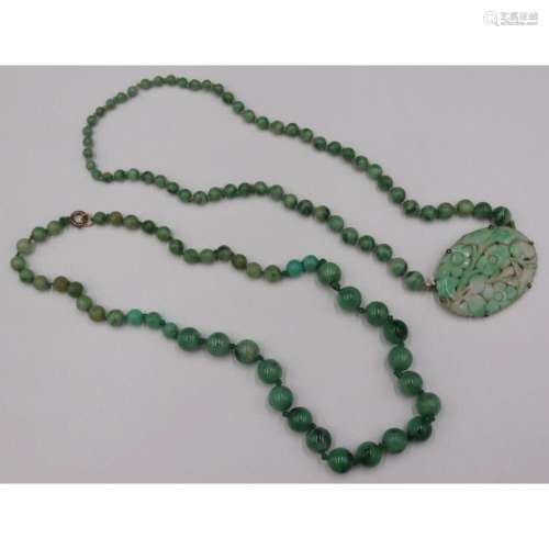 JEWELRY. (2) Carved Jade Beaded Necklaces.