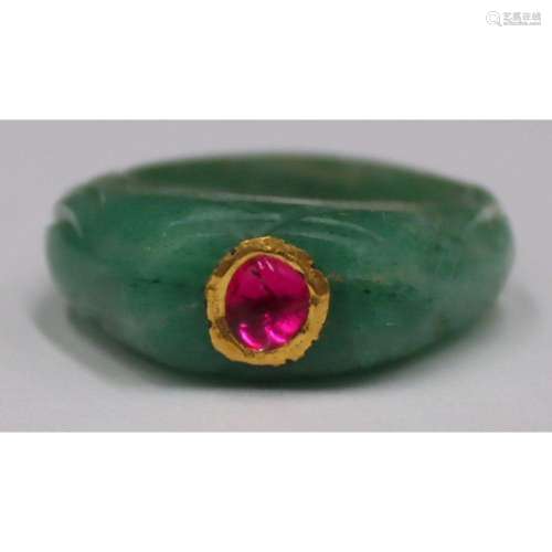 JEWELRY. Carved Jade and Pink Cabochon Ring.