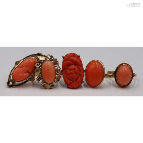 JEWELRY. (5) Gold or Silver Mounted Coral Rings.