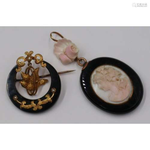 JEWELRY. (2) Victorian 14kt Gold & Onyx Brooches.