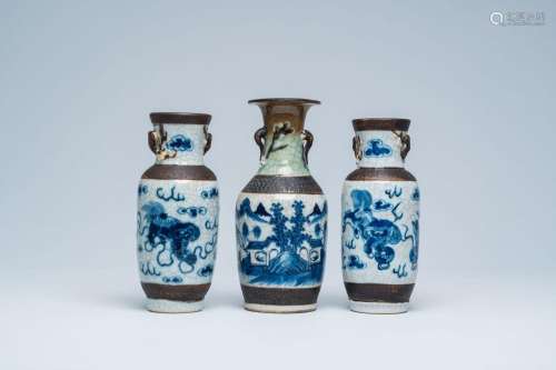 Three Chinese Nanking crackle glazed blue and white vases wi...
