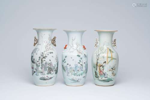 Three Chinese famille rose and qianjiang cai vases with ladi...