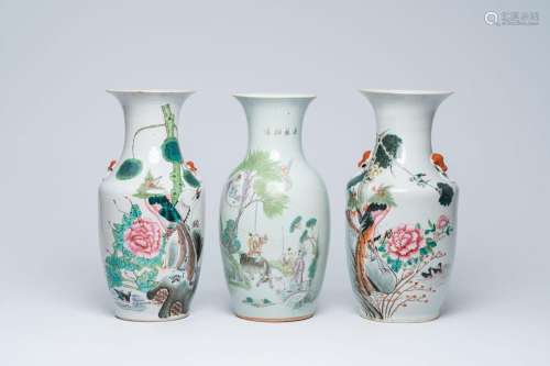 Three Chinese famille rose and qianjiang cai vases with bird...