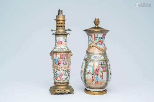 Two Chinese Canton famille rose vases with palace scenes and...