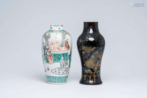 A Chinese famille verte vase with a palace scene and a monoc...