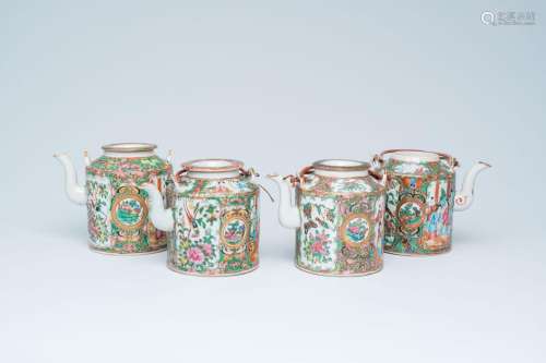 Four Chinese Canton famille rose teapots and covers with pal...