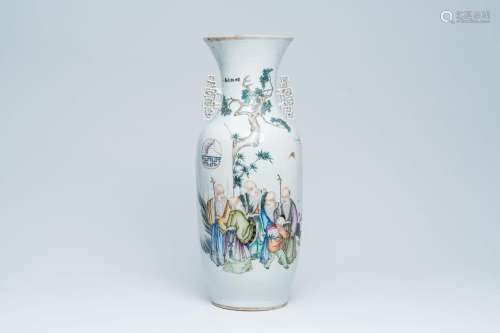A Chinese qianjiang cai double design vase with an animated ...