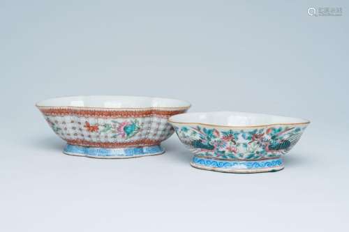 Two lobed Chinese famille rose bowls with phoenixes among bl...
