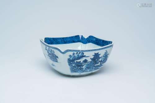 A Chinese blue and white salad bowl with an animated river l...