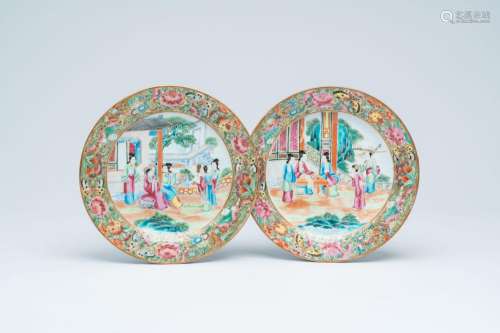 A pair of Chinese Canton famille rose plates with palace sce...