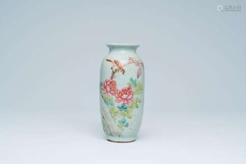 A Chinese qianjiang cai celadon-ground vase with a bird amon...