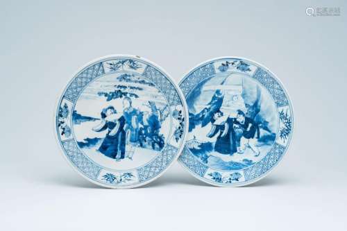 Two Chinese blue and white plates with figures in a landscap...