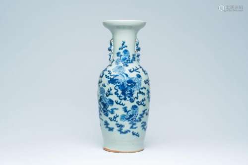 A Chinese blue and white celadon ground 'Buddhist lions' vas...