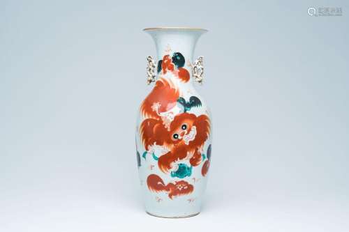 A Chinese iron red 'Buddhist lions' vase, 19th/20th C.<br />...