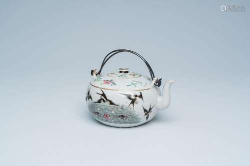 A Chinese famille rose teapot and cover with swallows and bu...