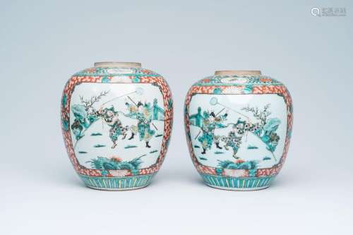 A pair of Chinese famille verte jars with lotus scrolls and ...