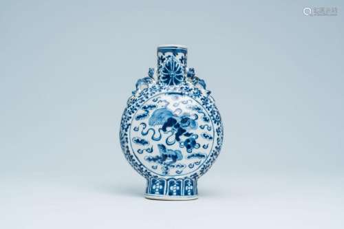 A Chinese blue and white moon flask with Buddhist lions and ...