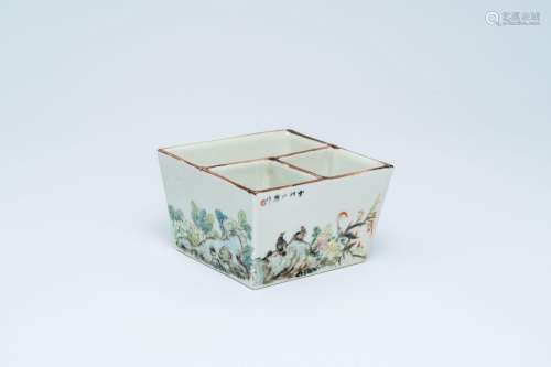 A square Chinese qianjiang cai bowl with three compartments,...