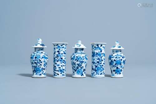 A Chinese blue and white miniature five-vase garniture with ...