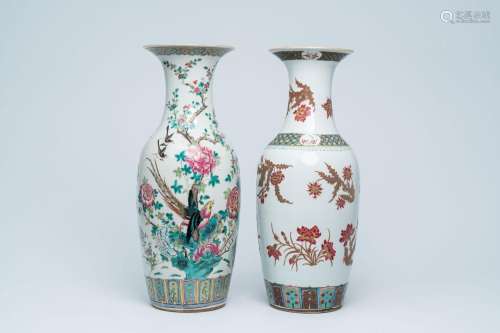 Two Chinese famille rose vases with birds among blossoming b...