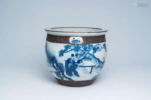 A Chinese Nanking crackle glazed blue and white jardiniere w...