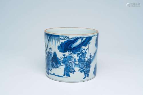 A large Chinese blue and white brush pot with figures in a l...
