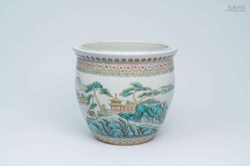 A Chinese famille rose jardiniere with an animated river lan...