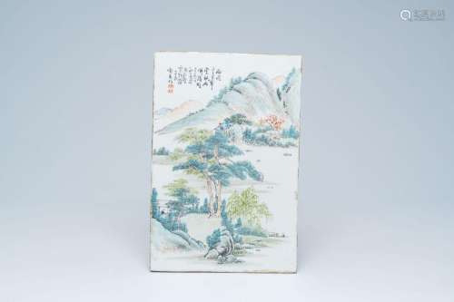A Chinese qianjiang cai plaque with an animated landscape, 1...