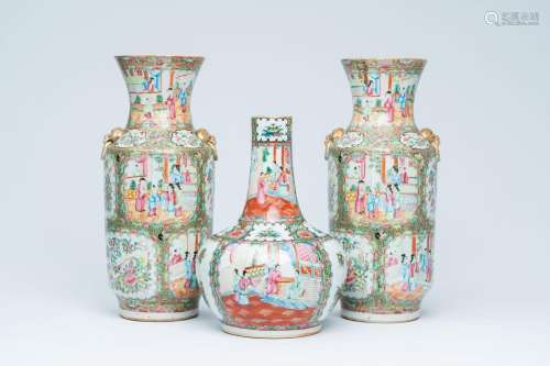 A pair of Chinese Canton famille rose vases and a bottle sha...