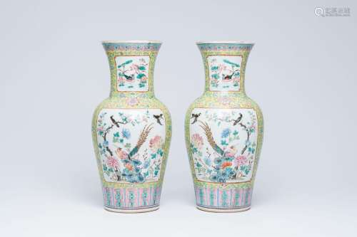 A pair of Chinese famille rose vases with different birds am...