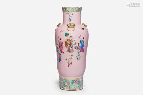 A large Chinese famille rose pink sgraffito ground vase with...
