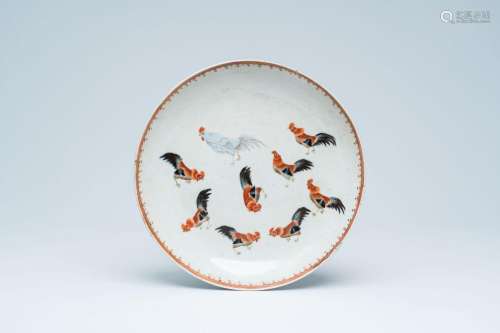 A Chinese polychrome 'roosters' plate, 19th C.<br />
Diamete...