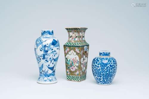 Two Chinese blue and white vases and a square famille rose v...