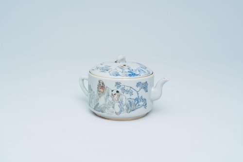 A Chinese qianjiang cai teapot and cover with figures in a l...